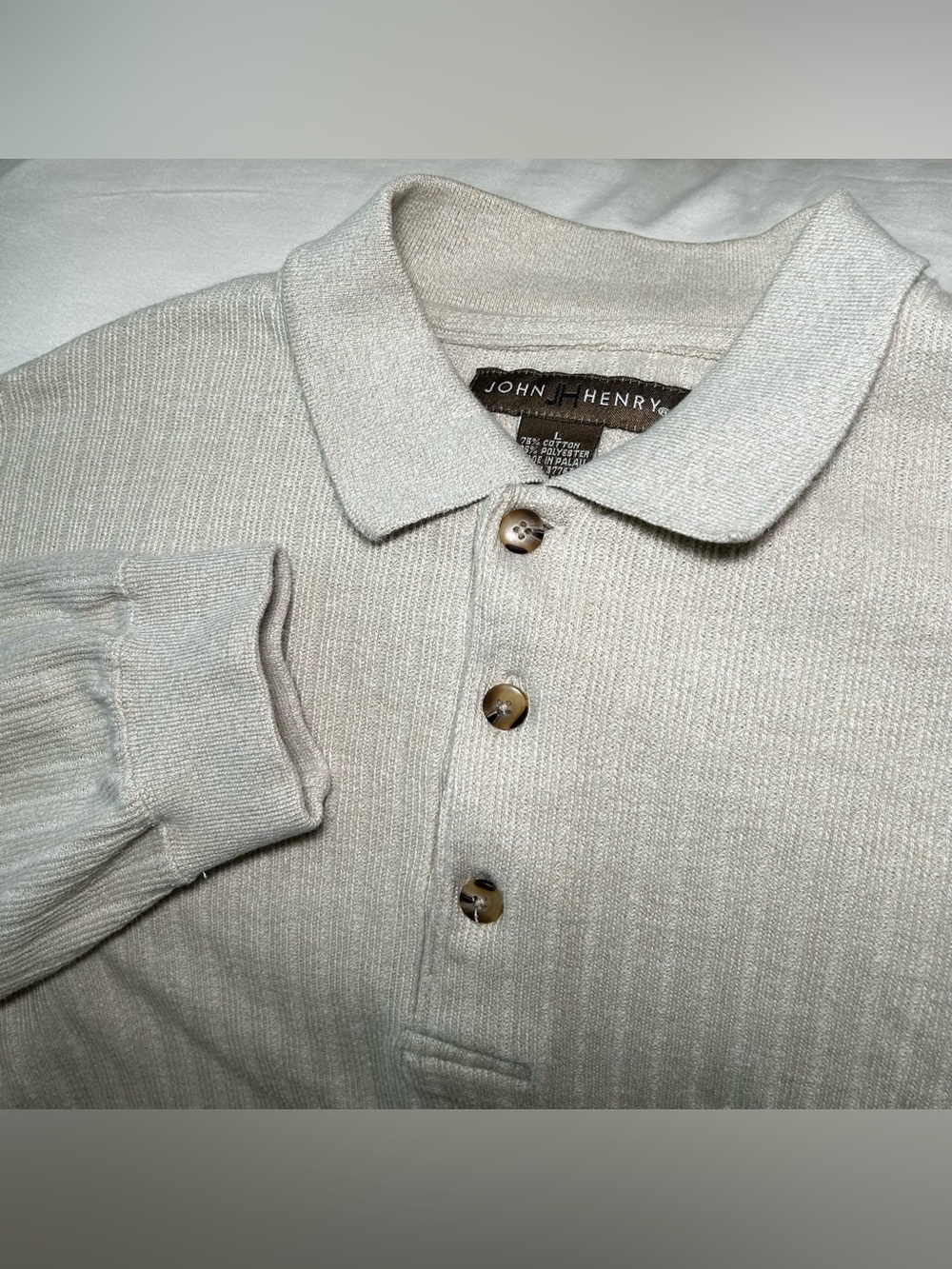 Vintage John Henry Polo Collar Sweater Men’s Large Beige 90s Academia Rib Knit